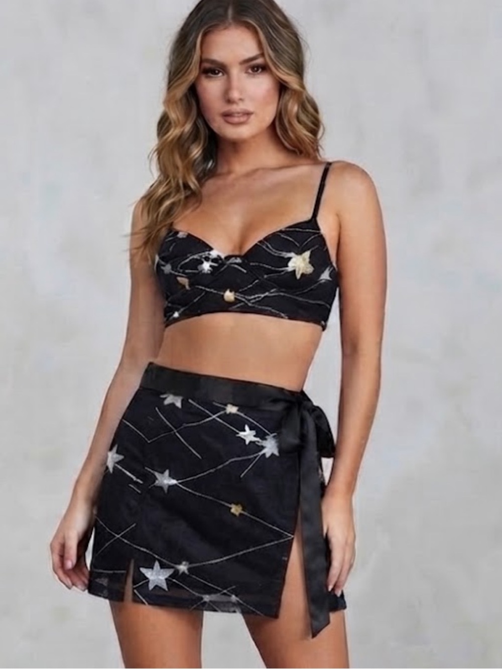 Black Star-Embroidered Satin Mini Skirt